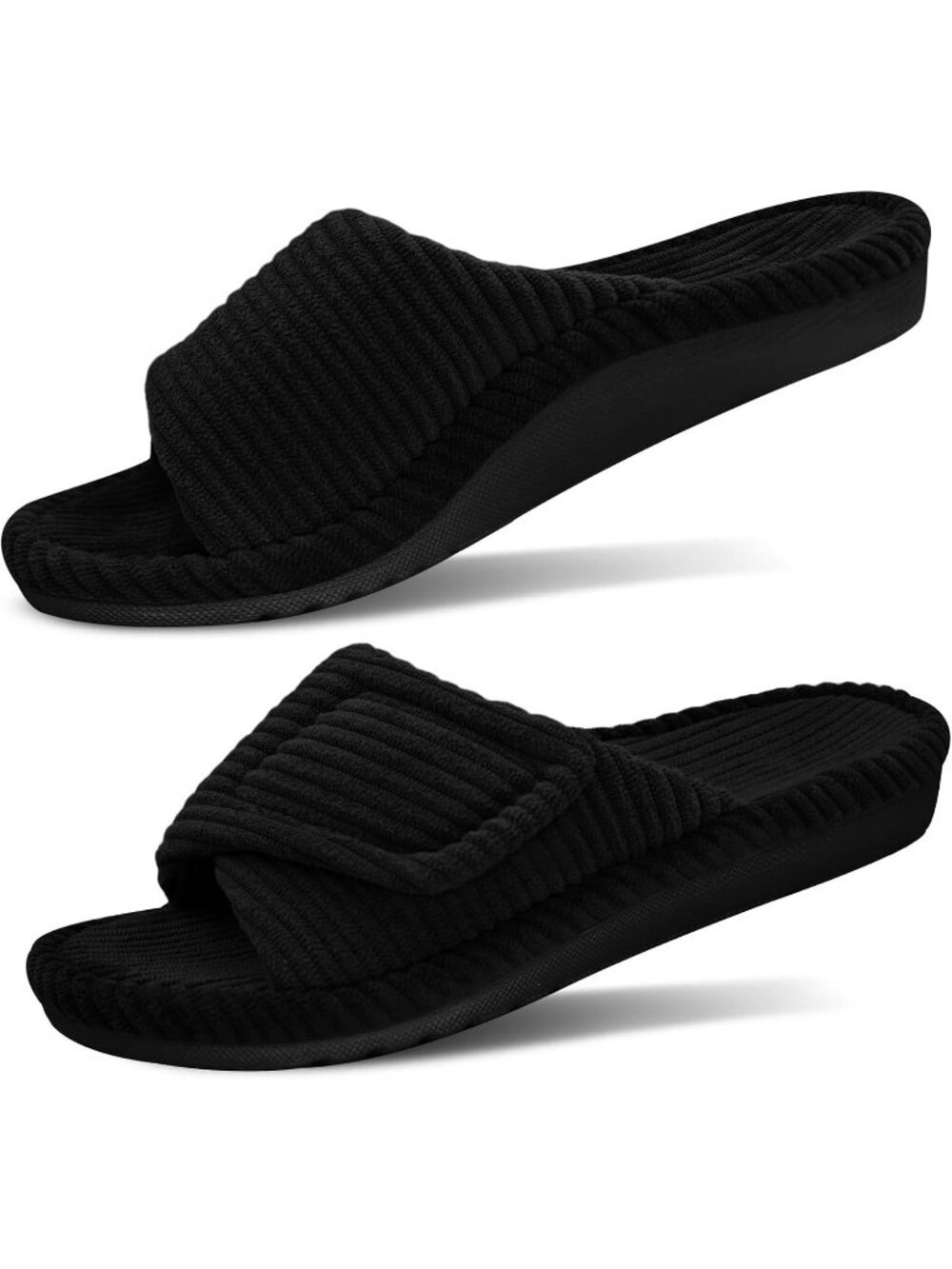 Women's Black Orthopedic Arch Support Slippers Fuzzy Memory Foam Open Toe Slide
